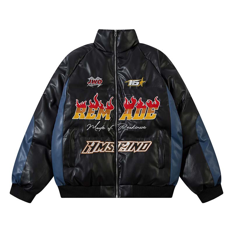 Men's Retro Letter Embroidered Patchwork PU Leather Cotton Jacket