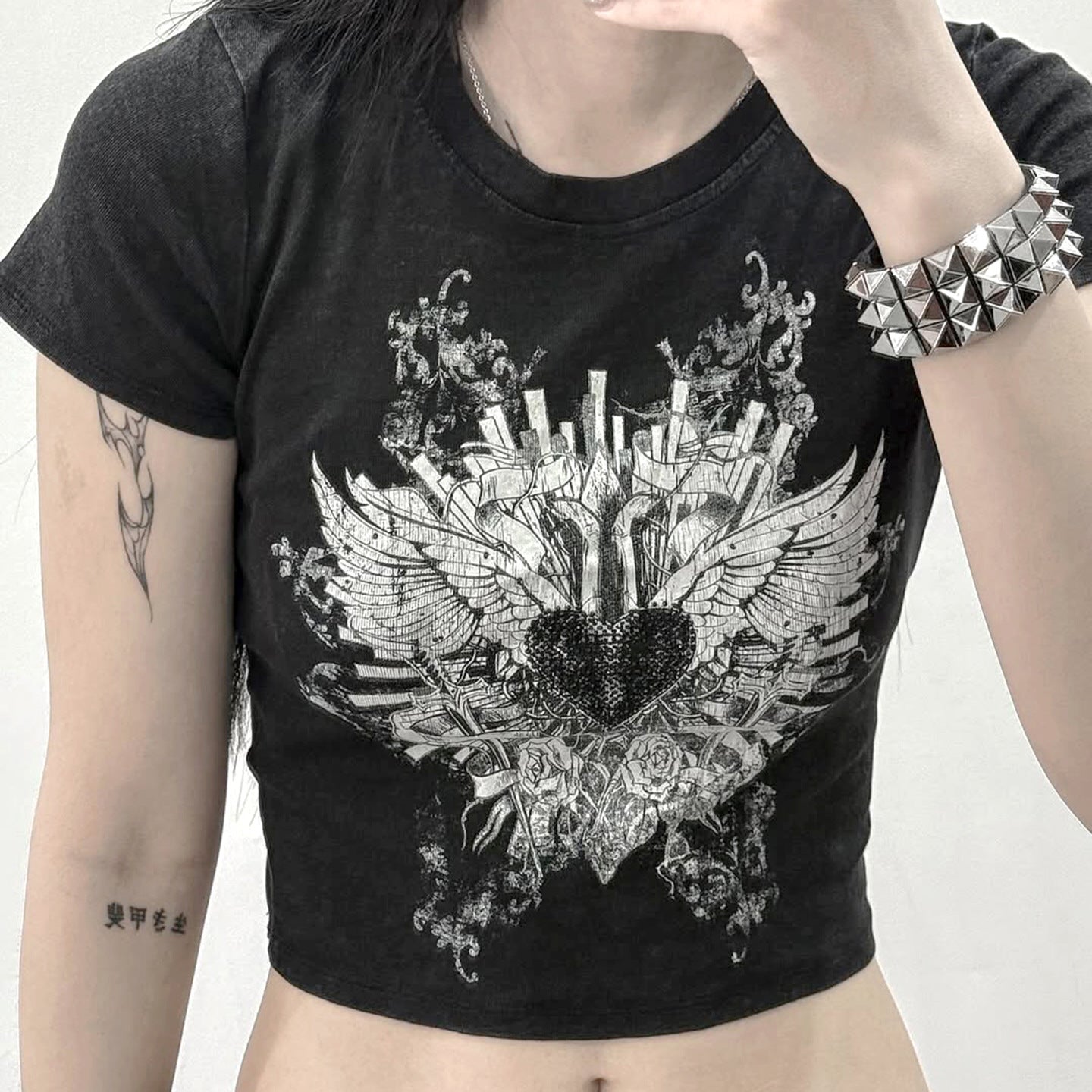 Dark-style Edgy Printed Black Crew-neck T-shirt For Summer