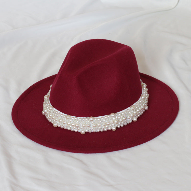 Handmade Pearl Top Hat Big Brim Fur Felt Hat