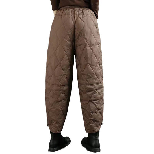 Women's Retro Artistic Solid Color Down Wadded Trousers Rhombic Pressure Wire Buckle Windproof Warm Casual Pants