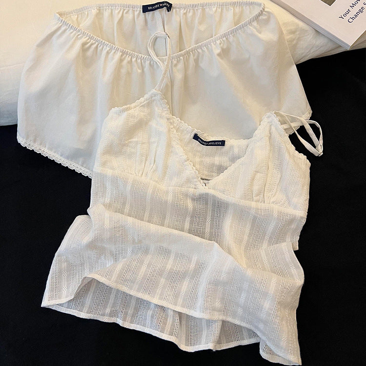 Home Simple Slim Fit White Suspender Pajamas For Women