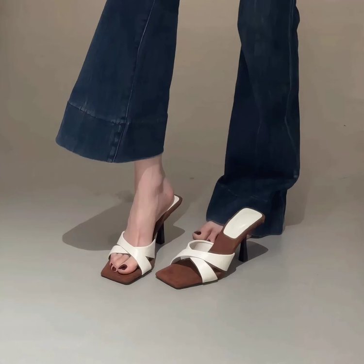 2025 Summer Women's Fashion Square Toe High Heel Slide Sandals, Elegant Large Size Cross Strap Thin Heel Slip On Slippers