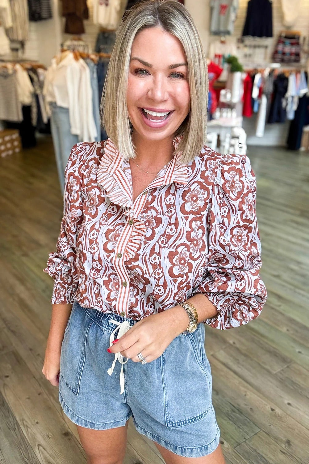 Women's Vintage Print Long Sleeve Loose Peter Pan Collar Blouse