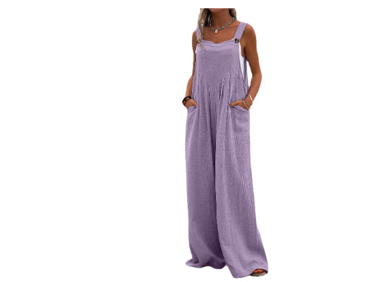 Ladies Fashion Ethnic Style Solid Color Button Suspender Jumpsuit