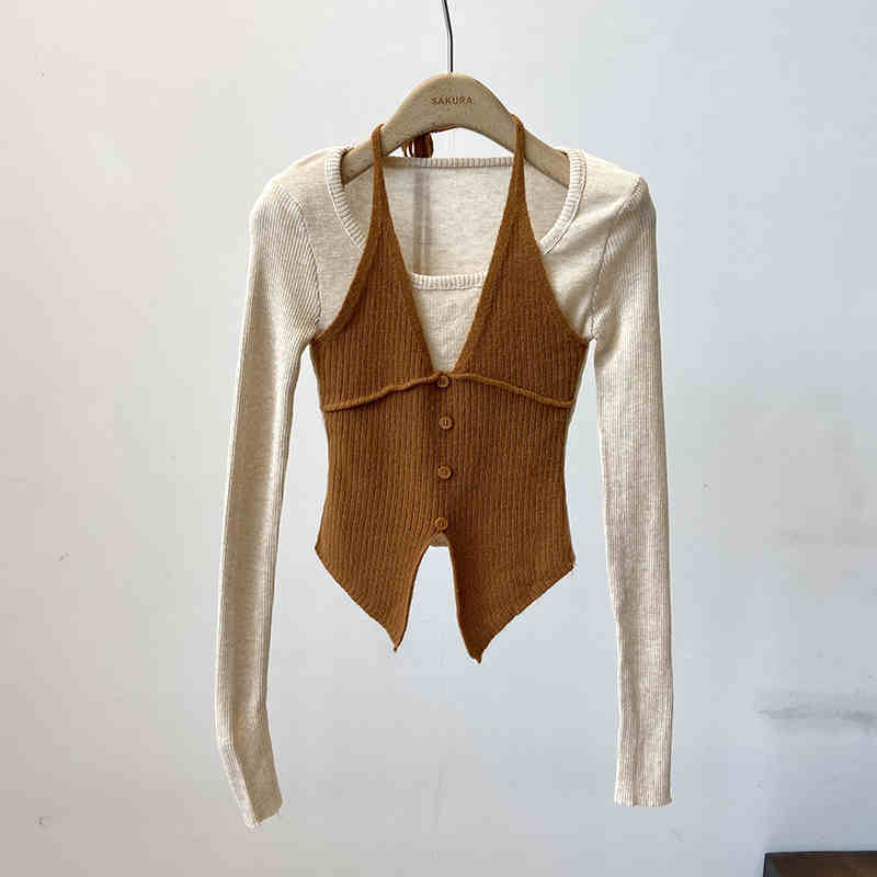 Halter False Two-piece Patchwork Long Sleeve Knitwear T-shirt Top