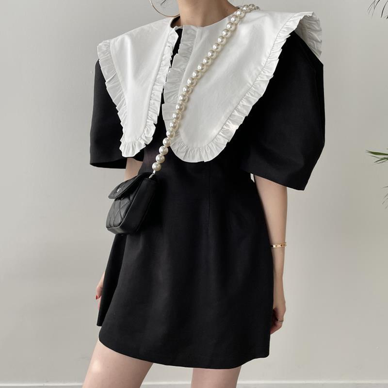 Contrast Color Stitching High Waist Puff Sleeve Dress With Fungus Edge