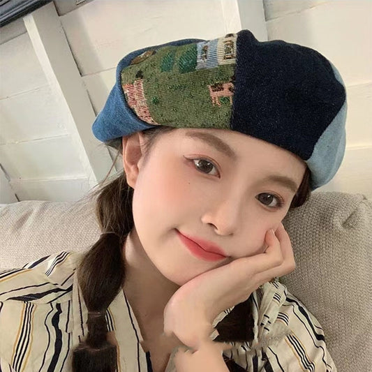 Contrast Color Octagonal Beret Women's Big Head Circumference Niche Retro