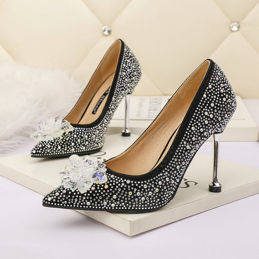Fashion Pointed Shallow Mouth Rhinestone Sexy High Heels Look Thin