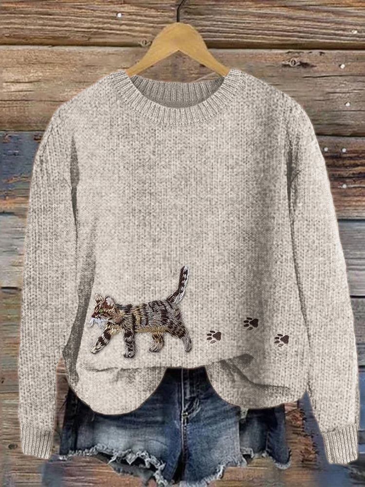 Coarse Needle Printed Animal Women's Round Neck Striped Spliced Sweater