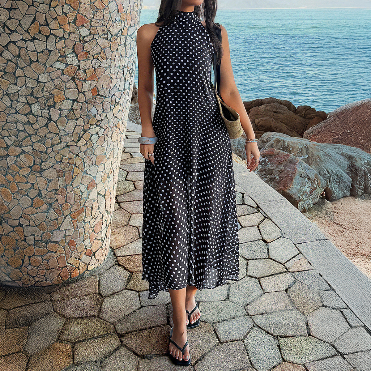 Women's Casual Holiday Polka-Dot Halter Dress