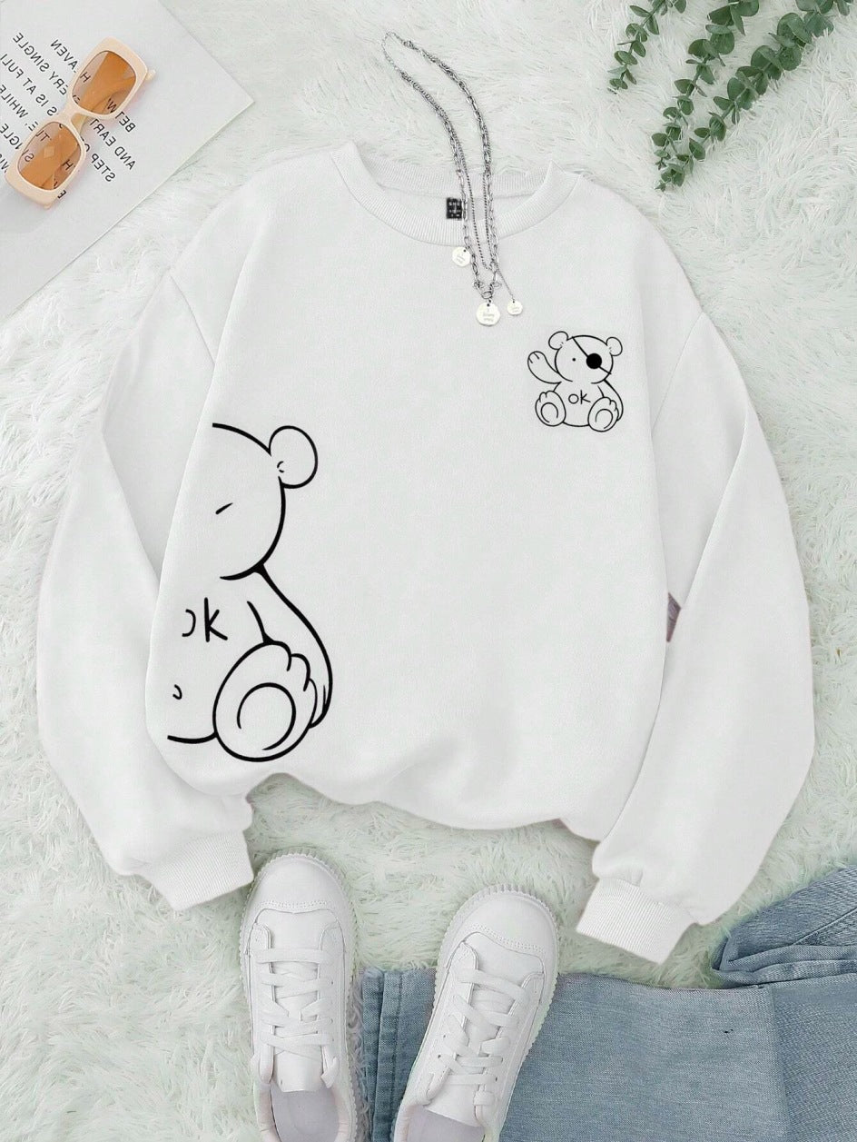 Kawaii OK Teddybjørn Tryk Sweatshirts Til Kvinder Klassisk