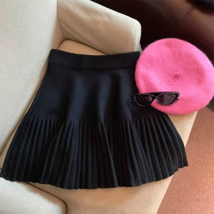 Womens Stretchy High-Waist Pleated Skirt Slim-Fit Outerwear Knitted Base Skirt