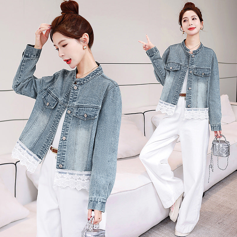 Cappotto di jeans da donna con cuciture in pizzo