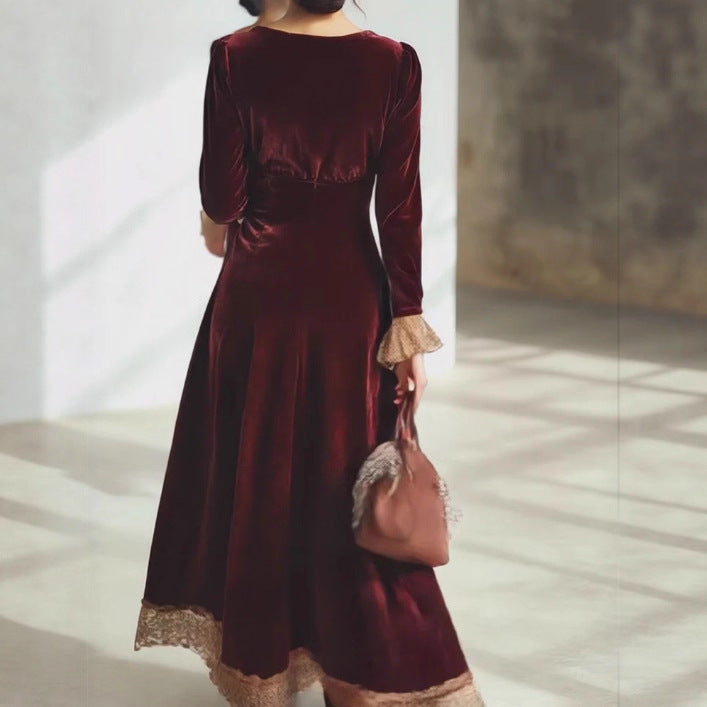 Vintage Red Velvet Lace V-neck Long-sleeve Maxi Dress