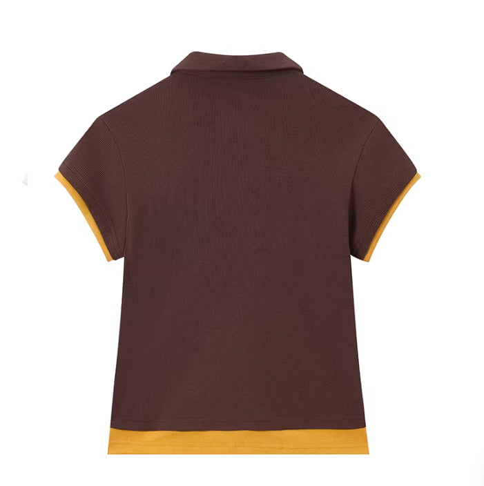 Womens Niche Coffee-Colored Contrast Polo-Neck Short-Sleeve Top