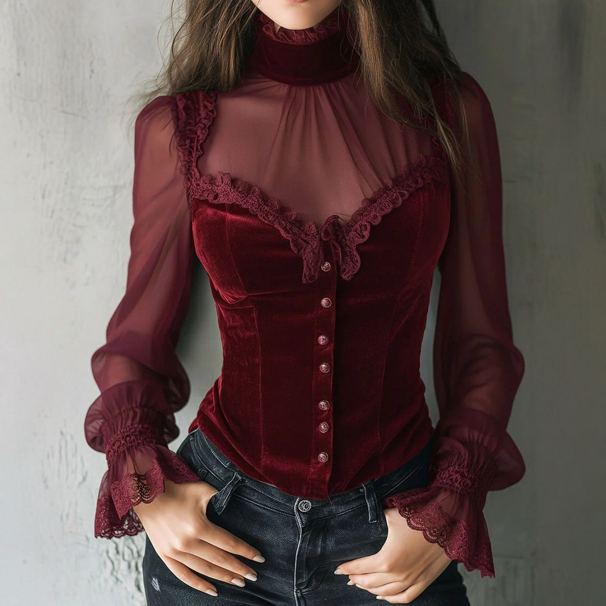 Mesh-panel Black Lace Top With Hollow-out Floral Trim