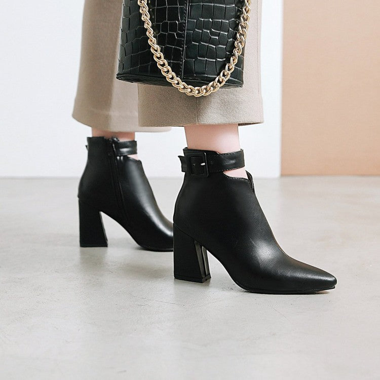 British Pointed Toe Belt Buckle Side Zipper Thick Heel High Heel Women's Boots