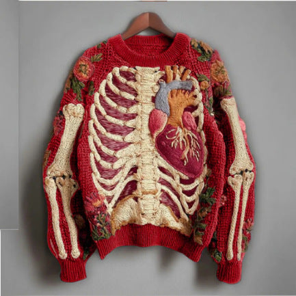 Womens 3D Digital Print Crew-Neck Loose Sweater