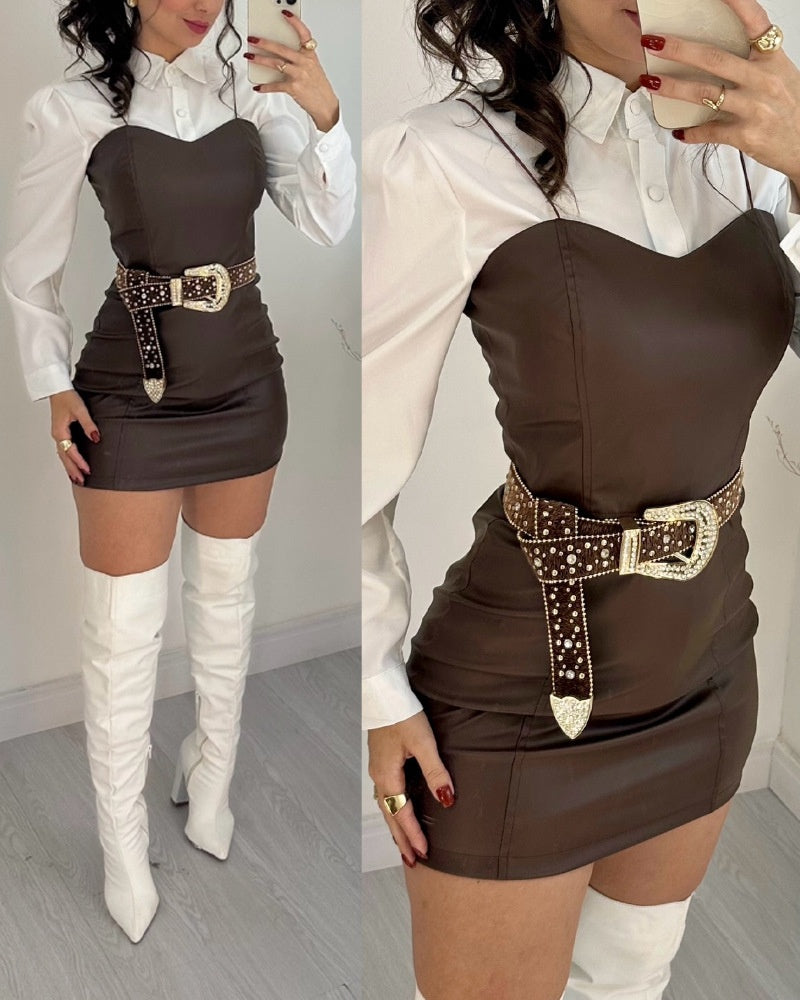 Sling PU Leather Skirt Short Shirt Outfit