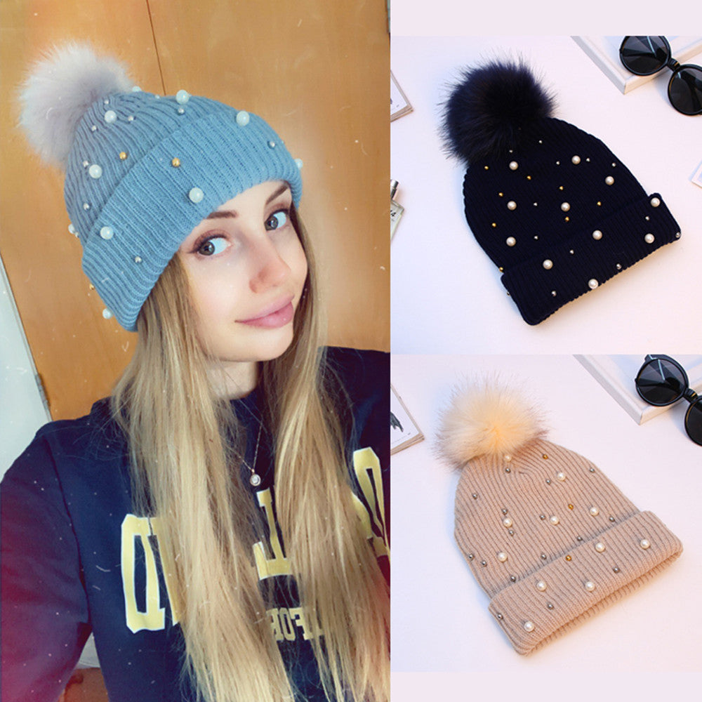 Ladies Fashion Pearl Hat Knitted Thickening