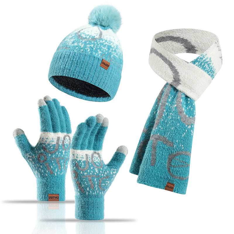 Ladies Jacquard Thickened Faux Mink Scarf Hat Gloves Three-Piece Set