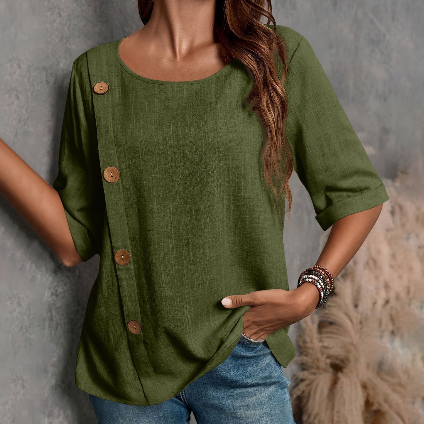 Womens Cotton-Linen Button-Up Fashion Casual Top