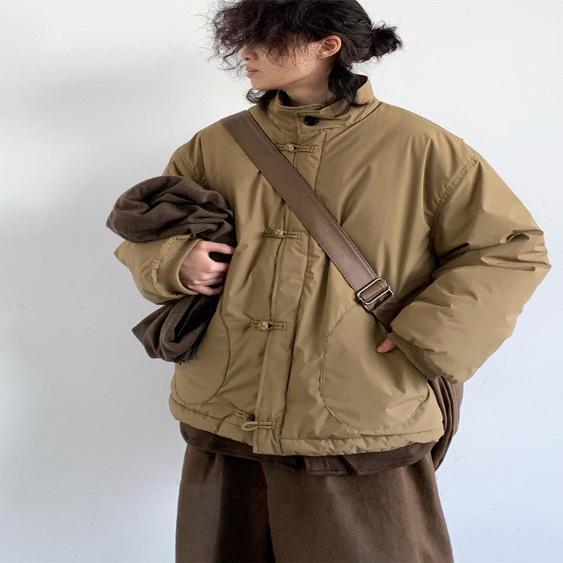 Chinese Retro Buckle Khaki Cotton-padded Loose Cotton Padded Jacket Coat