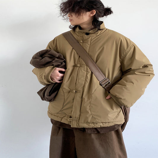 Chinese Retro Buckle Khaki Cotton-padded Loose Cotton Padded Jacket Coat