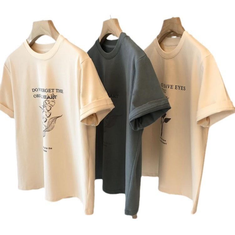 Four-season Cotton Pattern Letter Print Pullover Short Sleeve Women