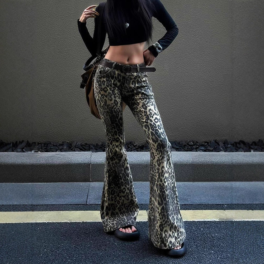 Female Versatile Printed Flared Floor-length Pants