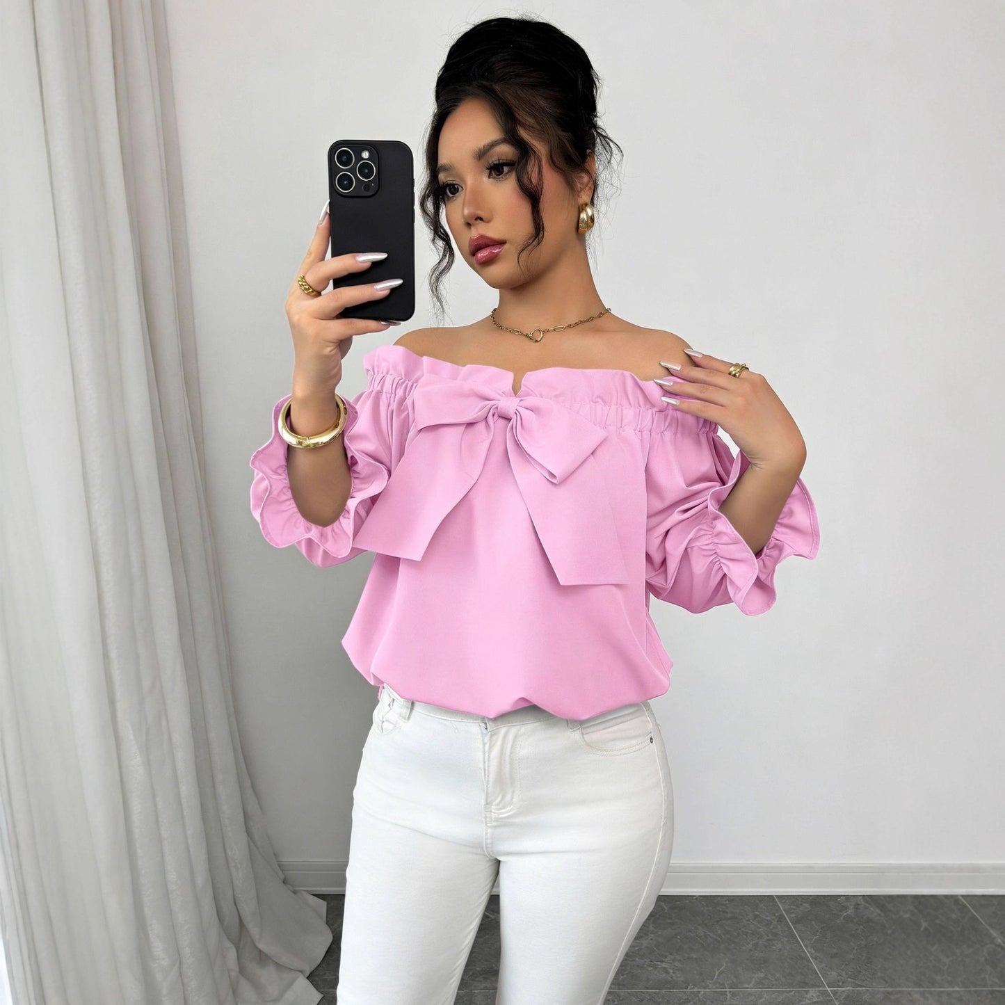 Womens Boat-neck Top With Ruffled Edges And A Bow Detail