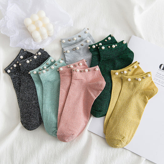 New Female Handmade Beaded Silver Silk Pearl Boat Socks