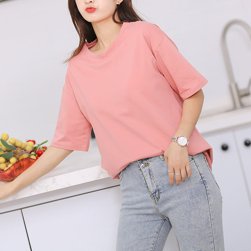 Summer Women's Pure Cotton With Chest Pad Round Neck Short Sleeve