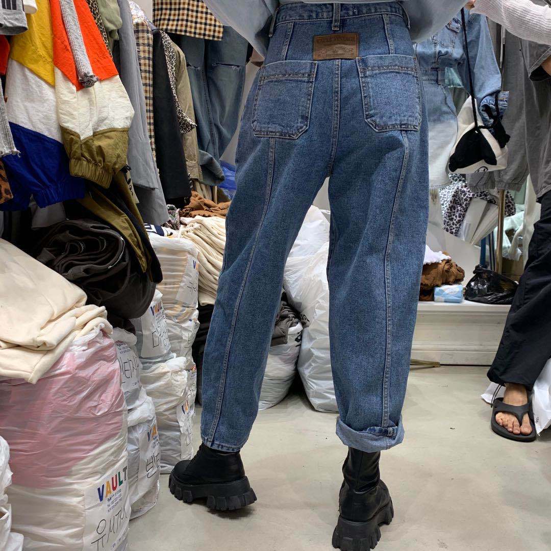 Letter Small Label Stitching Line Retro Straight High-rise Jeans