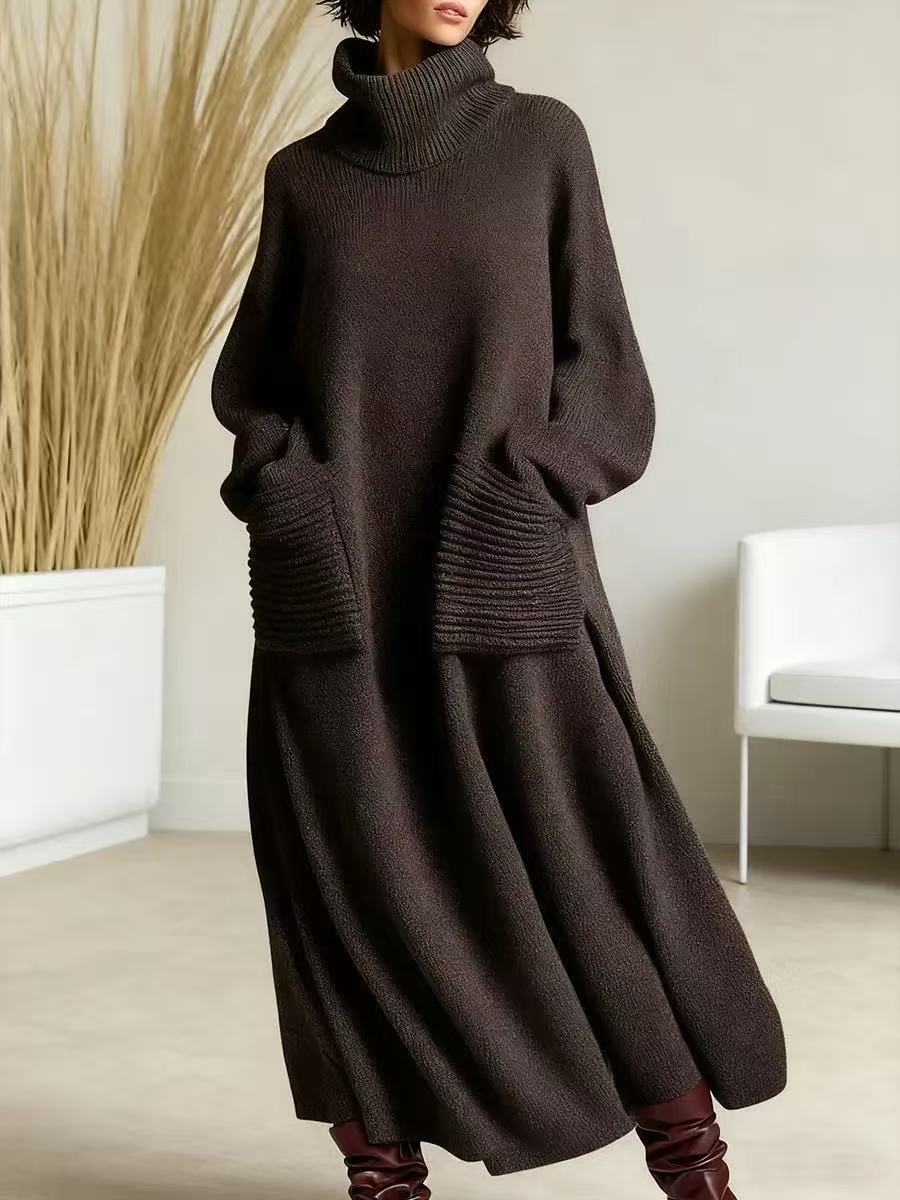 New High-neck Polyester Knit Dress With A Relaxed Fit And Pockets