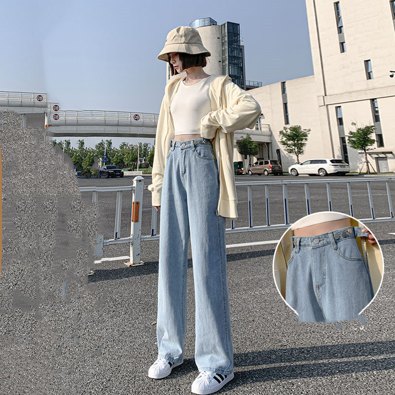 Loose Straight Spring And Autumn Thin High Waist Drape Wide Leg Jeans