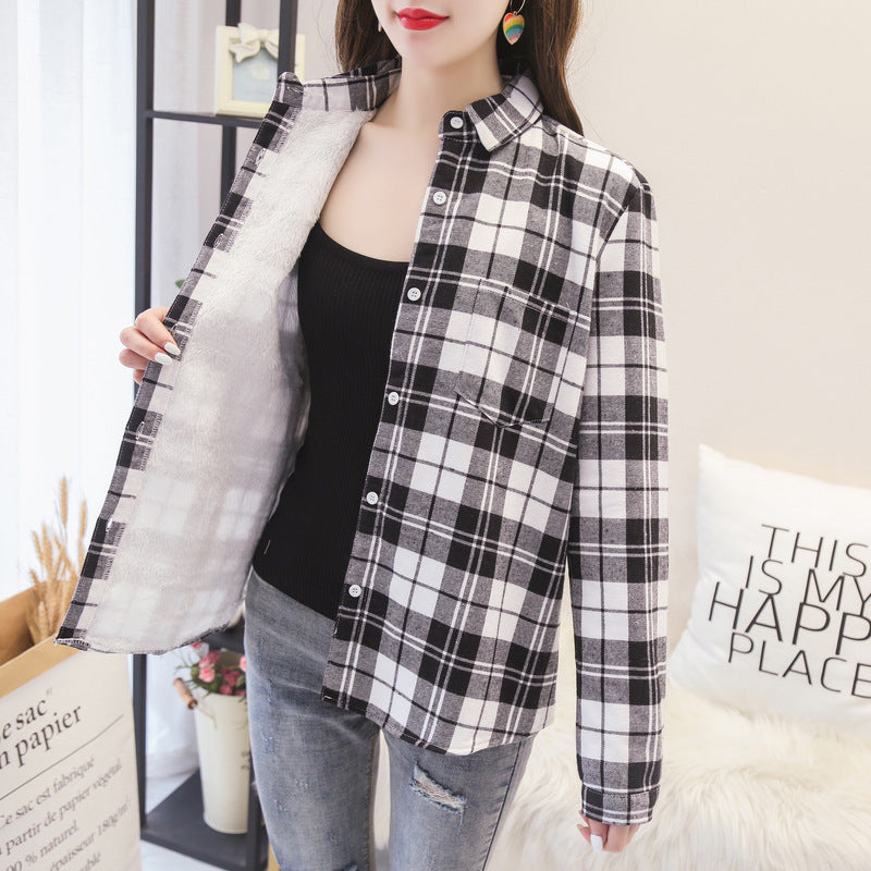Thicken Plus Velvet Plaid Shirt Women Retro