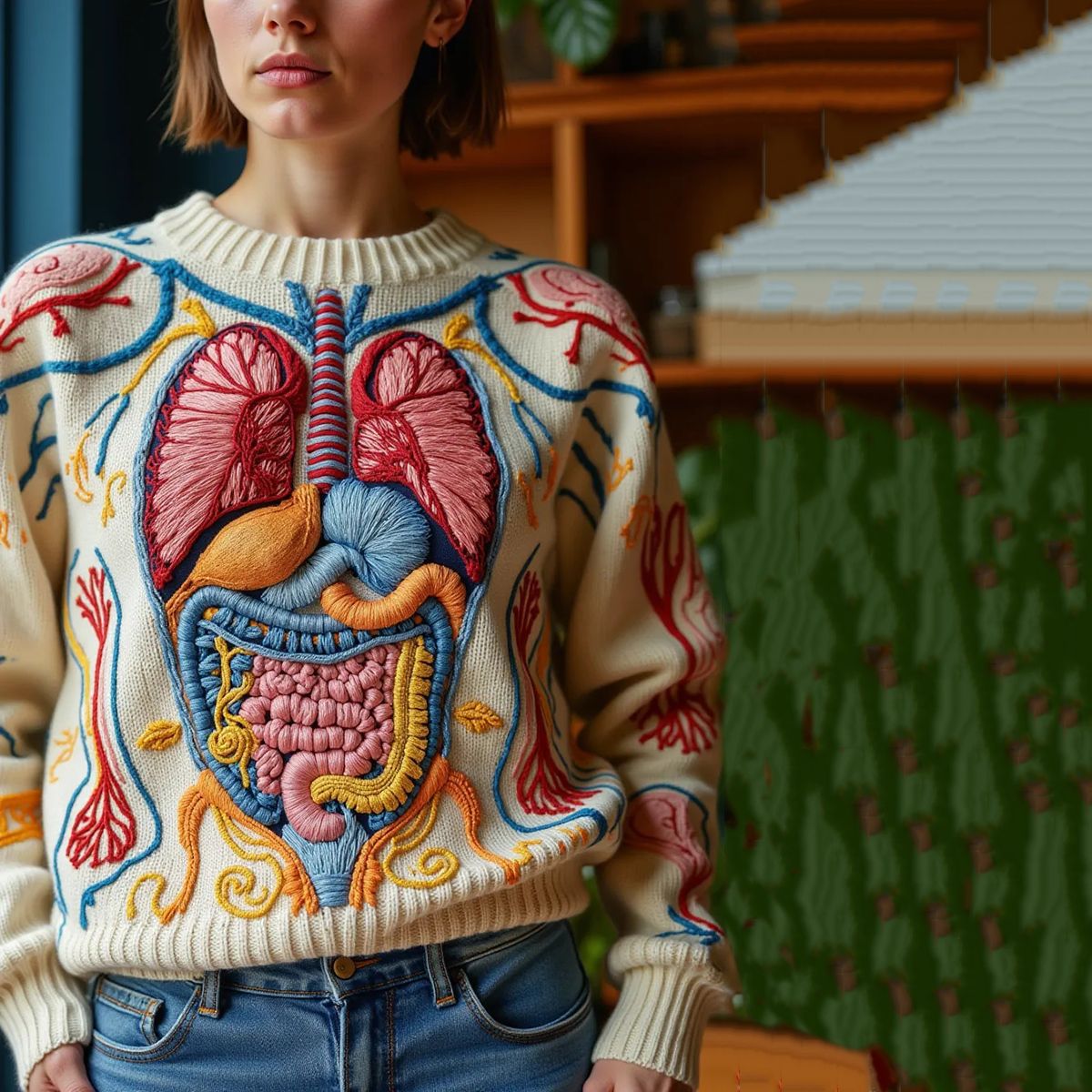 Womens 3D Digital-print Crew-neck Loose Sweater