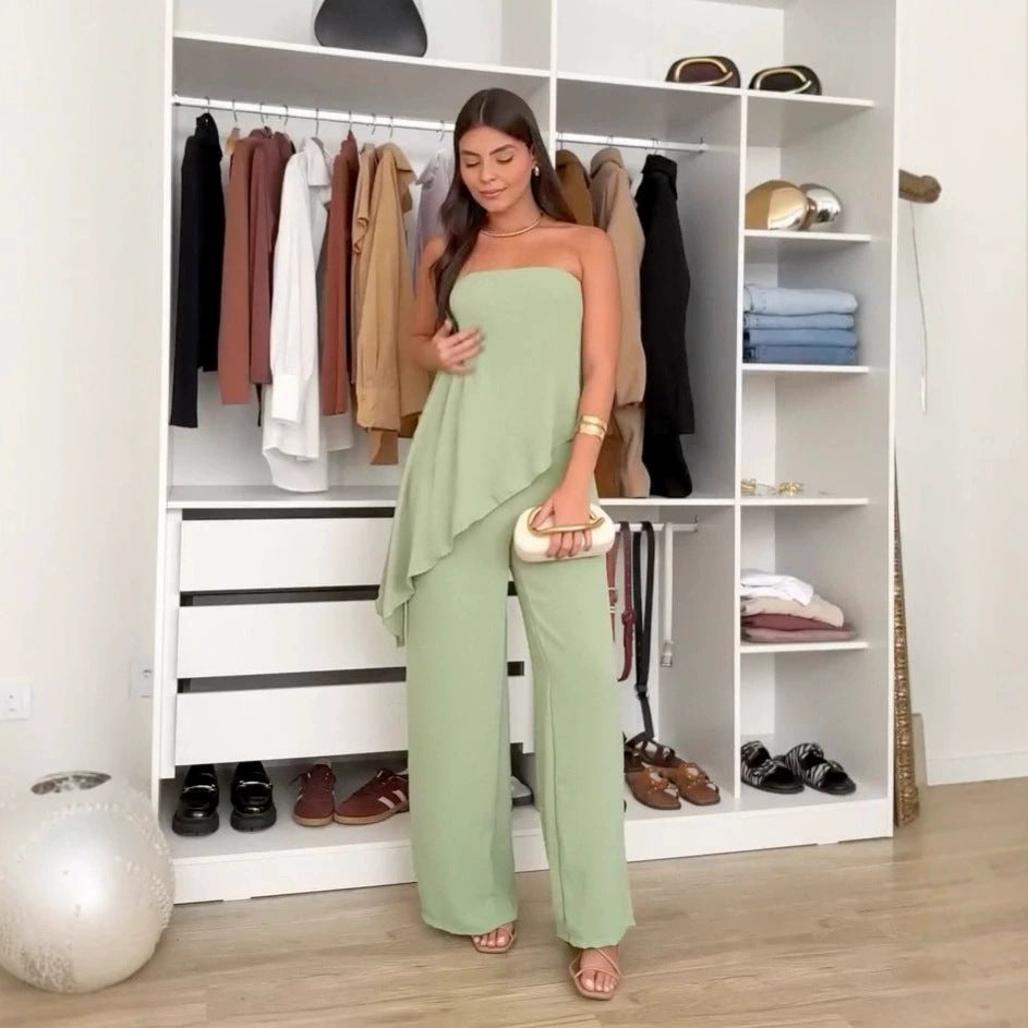 Womens Elegant Sexy Casual Loose Tube Top And Ice Silk Pleated Solid Color Straight Pants Set