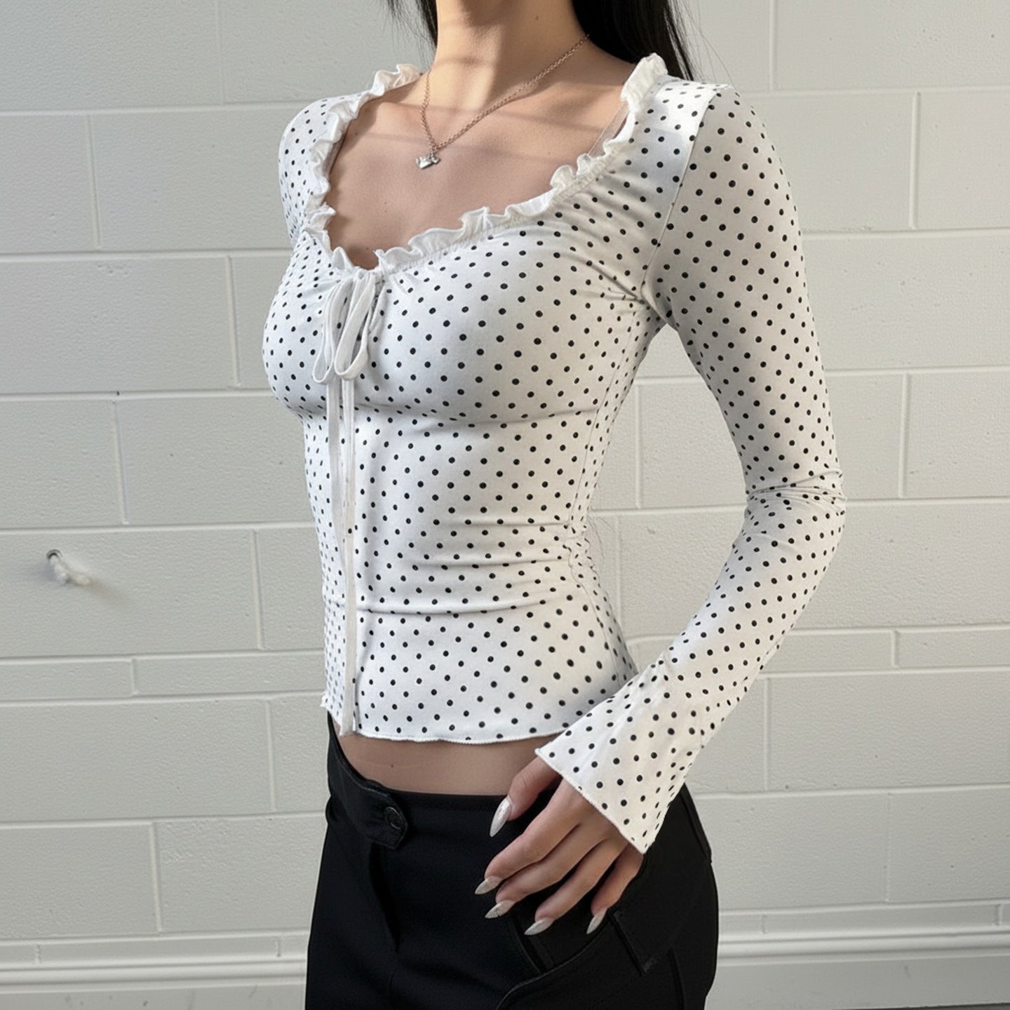 Womens New Arrival Ruffle-Trimmed Polka-Dot Long-Sleeve T-Shirt