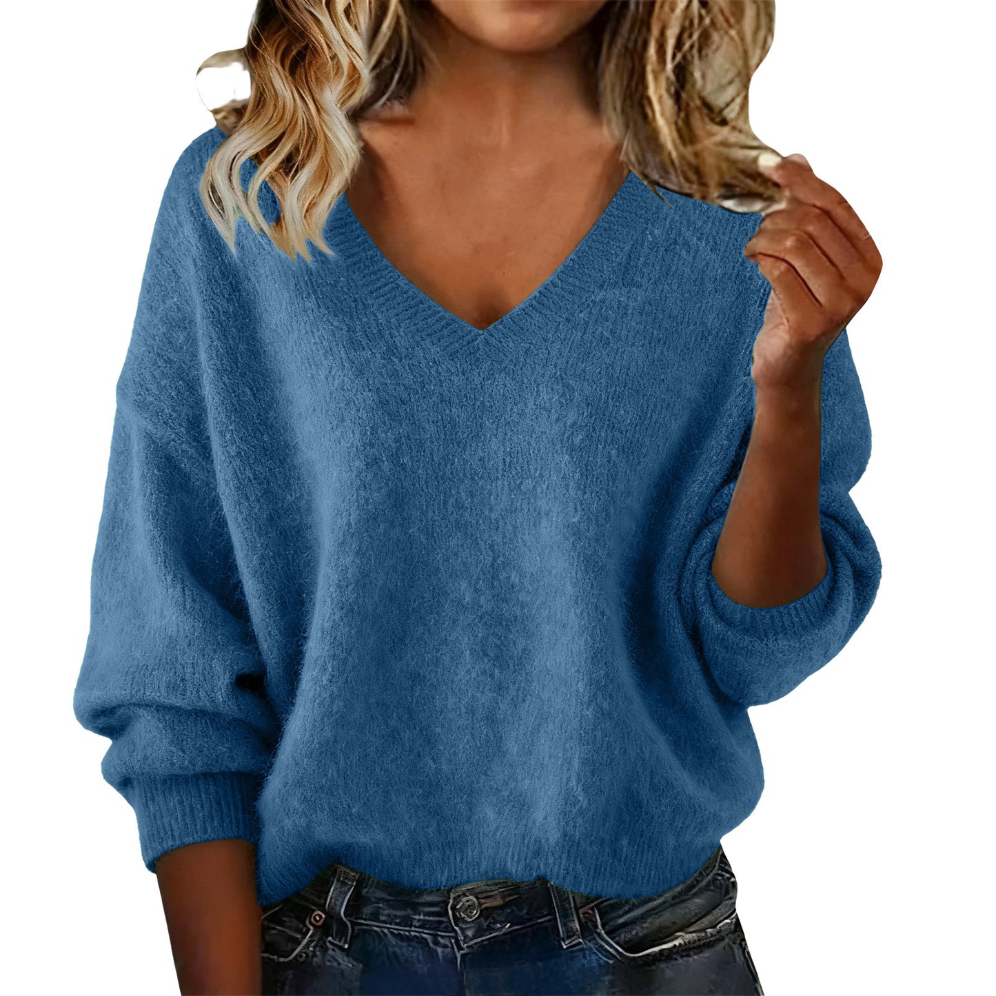 New Fashion Loose Solid Color V-neck Sweater Women