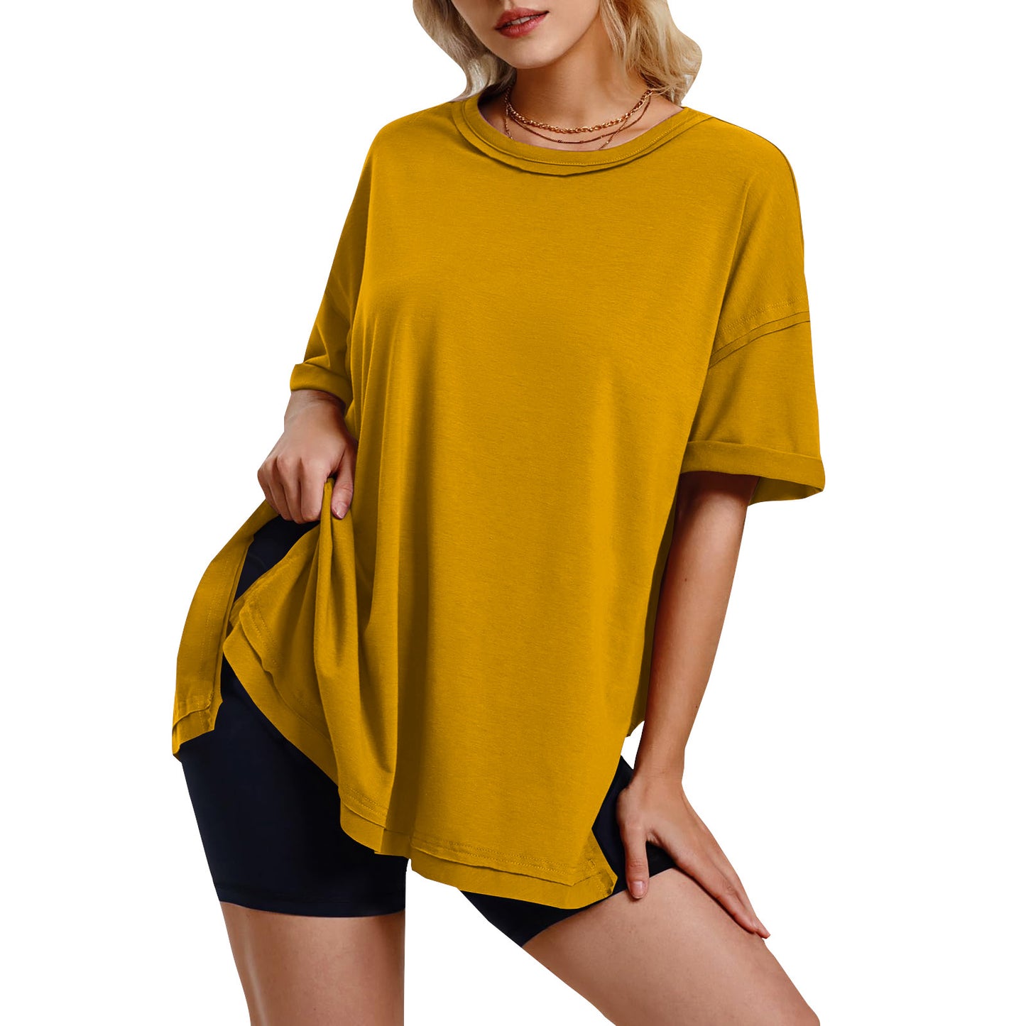 Women's Solid Color Cotton Round Neck Slits On Both Sides Loose T-shirt
