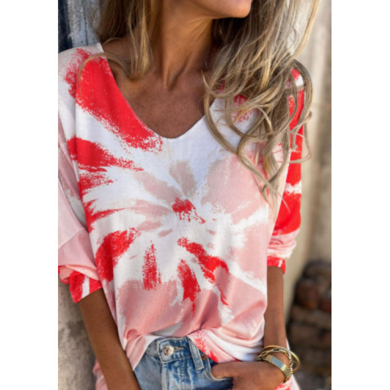 Digital-print V-neck Casual And Comfortable Long-sleeve Top