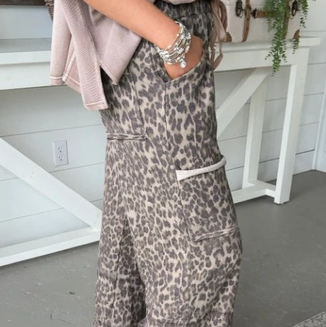Khaki Plus Size Leopard Print Worn Patch Pocket Drawstring Loose Pants