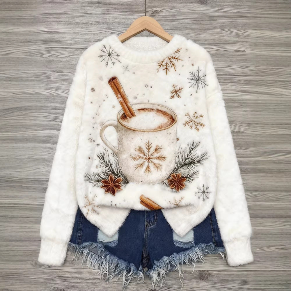 Womens 3D DigitalPrint Flannel Crewneck Sweatshirt For FallWinter