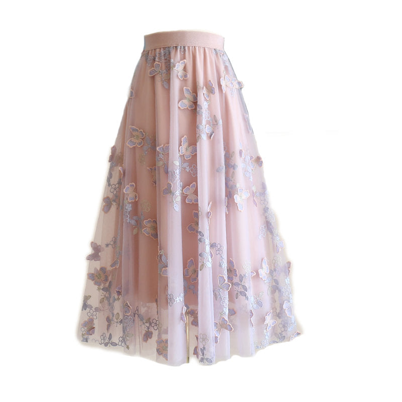 High Waisted Embroidered Mesh Skirt