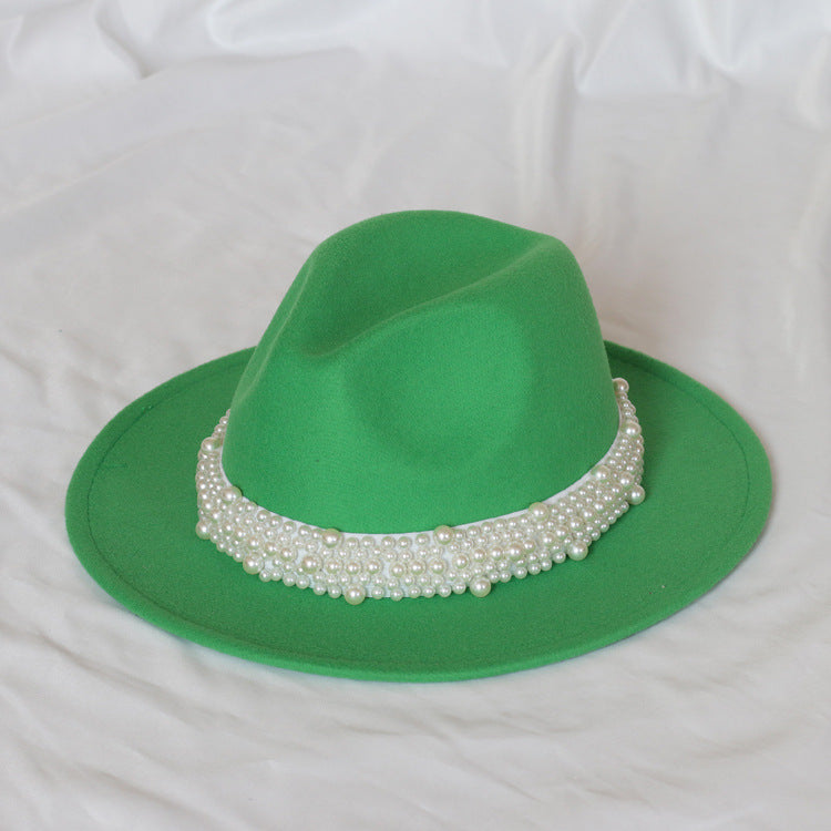 Handmade Pearl Top Hat Big Brim Fur Felt Hat