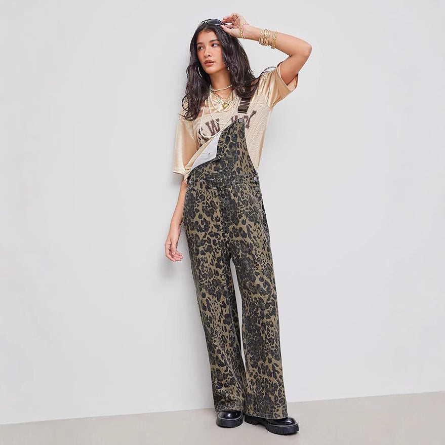 American Retro Street-style Leopard-print Overalls