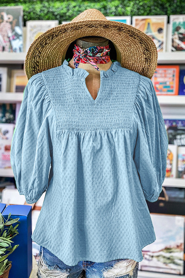 Bell Sleeve Gathers Cotton V-neck Gathers T-shirt