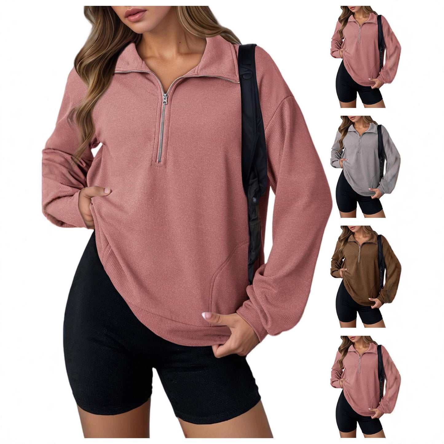 Revers Sweater Mode Løs Lynlås Dametøj